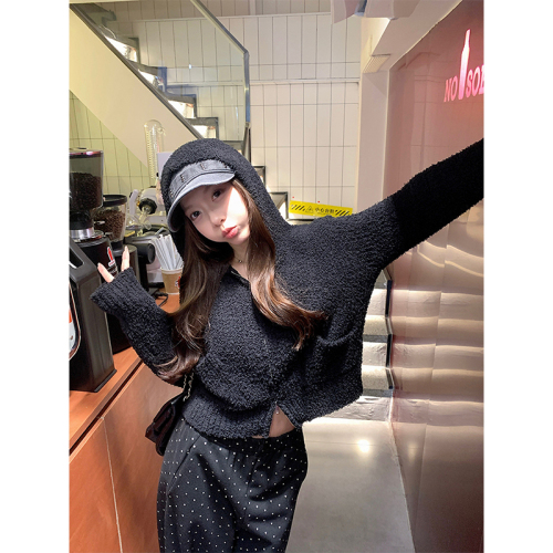 Lazy sweater Teddy velvet hooded double zipper knitted cardigan jacket