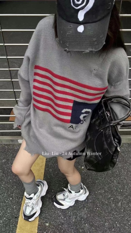 Western-style loose cut Korean style long-sleeved wool sweater loose and versatile casual mid-length sweater for women