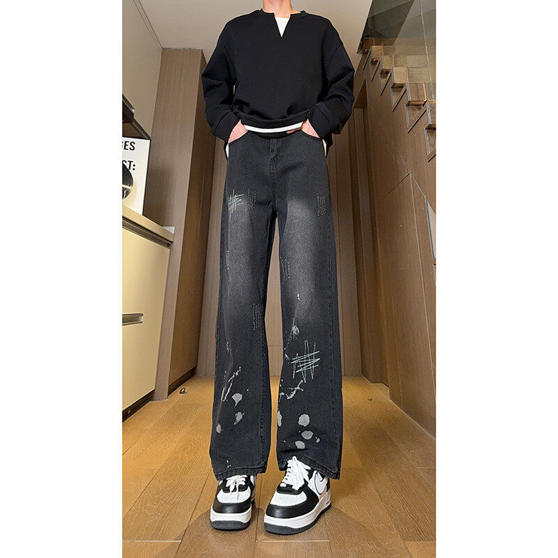 American high street handsome retro splash ink gradient loose straight jeans for men