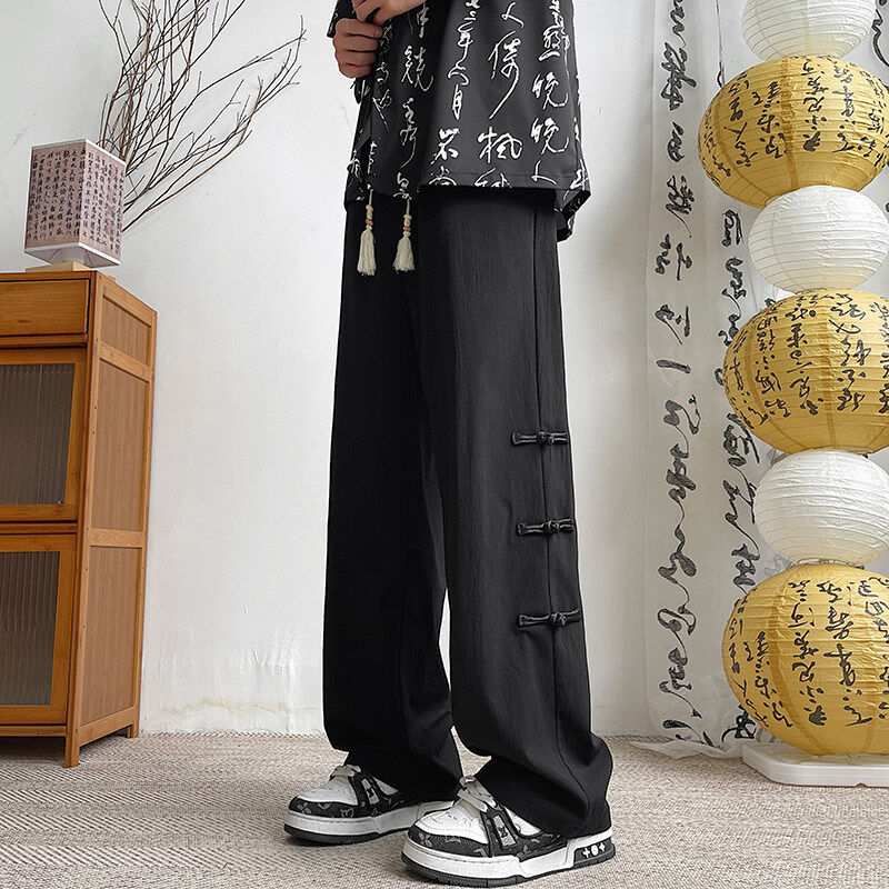 National style buckle pleated sports pants men's summer new Chinese style high-end drape loose straight casual pants wide legs