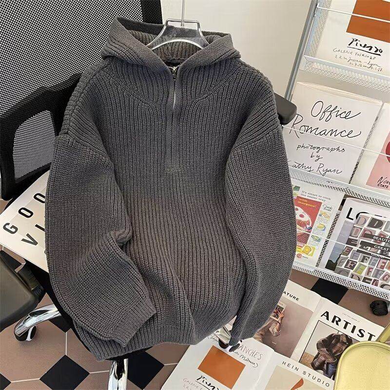 Autumn men's hooded sweater zipper loose striped sweater jacket