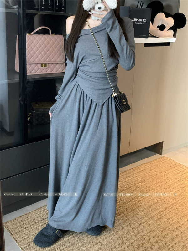 Irregular design long-sleeved top solid color high-waisted slim skirt long skirt casual suit