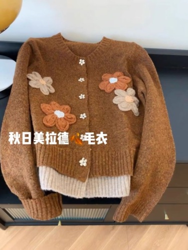 Korean style contrast jacquard flower embroidery pattern Maillard wear knitted top warm sweater jacket for women