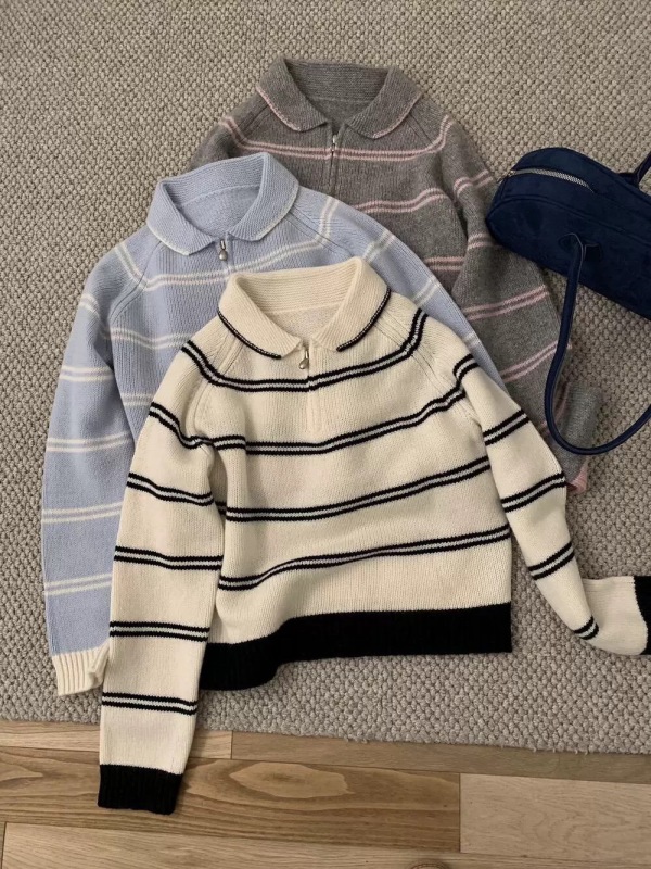 Lapel striped contrast top, age-reducing fashionable long-sleeved wool sweater, slimming pullover loose sweater
