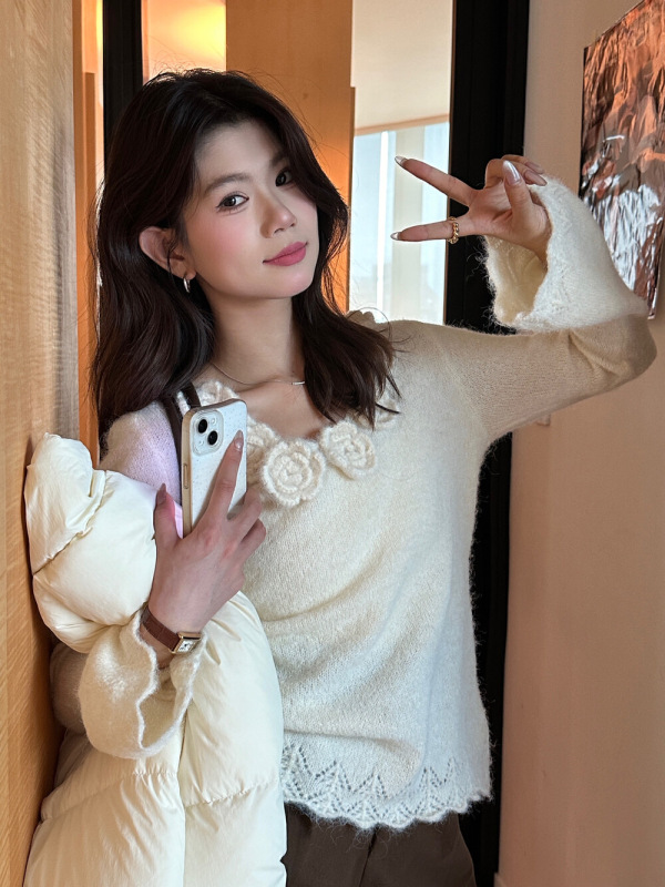 Alpaca round neck rose flower pullover wavy edge wool sweater slimming long sleeve sweet sweater