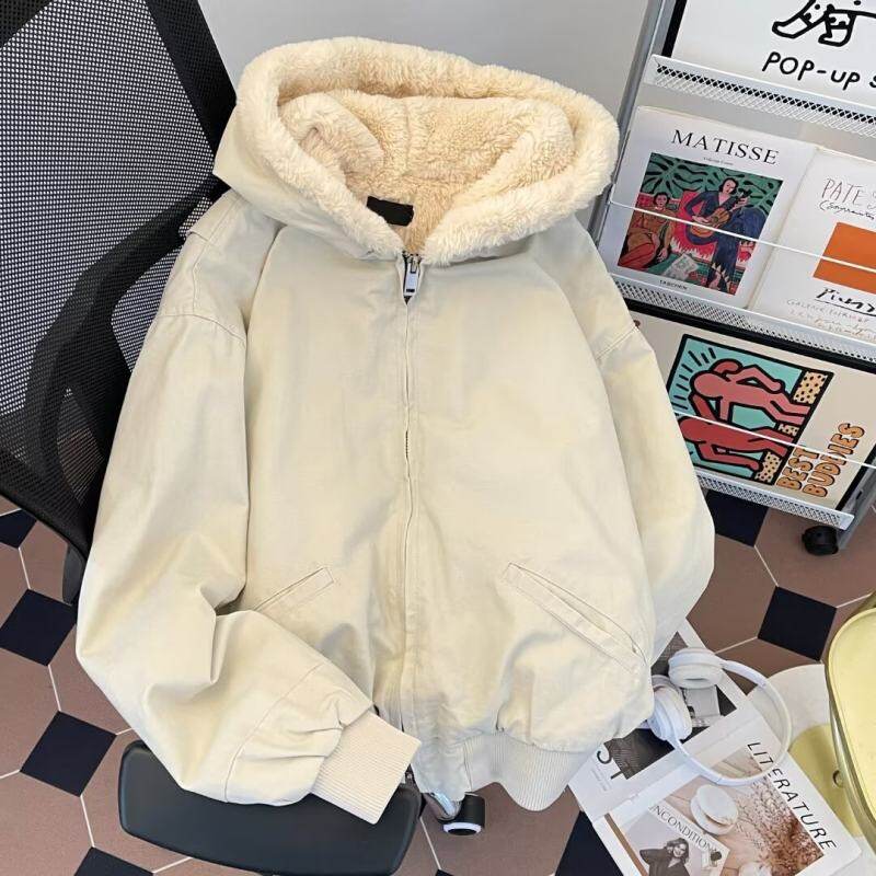 New American style autumn and winter thickened fur collar mountain carving hooded jacket for men and women loose warm cotton clothing trend