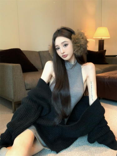 Fashionable retro style lazy knitted sweater vest dress suit