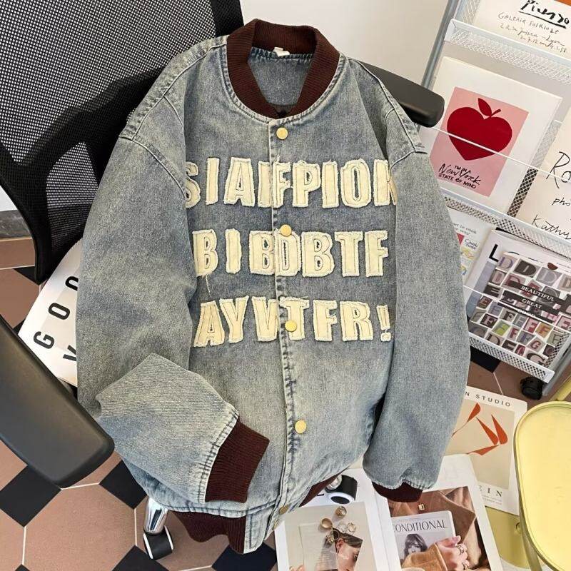 Spring and autumn American retro college style heavy-duty washed letter patch baseball uniforms for men and women jackets