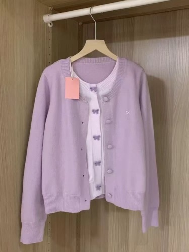 Purple bow fake two-piece knitted cardigan top for women in autumn and winter, unique and beautiful inner layering long-sleeved sweater