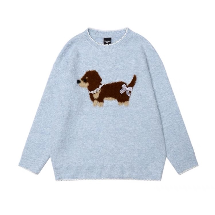 Lazy style cartoon puppy round neck soft waxy sweater for women American loose and versatile retro casual inner sweater