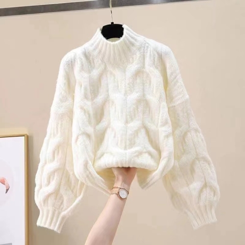 Lantern sleeve round neck twist sweater for women, lazy style autumn and winter new Korean style loose thickened twisted pullover sweater