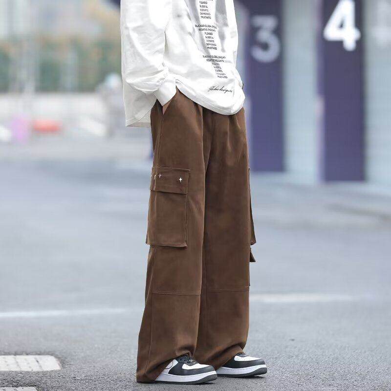 Niche design straight casual pants 2024 spring new large pocket overalls for men