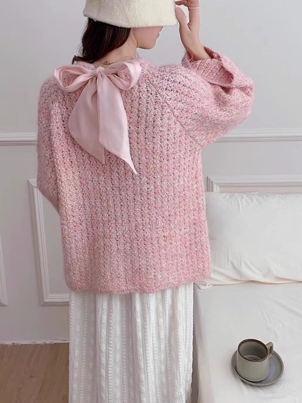 Mohair bow 2024 autumn new loose and lazy pipa sleeve round neck pullover slimming sweater