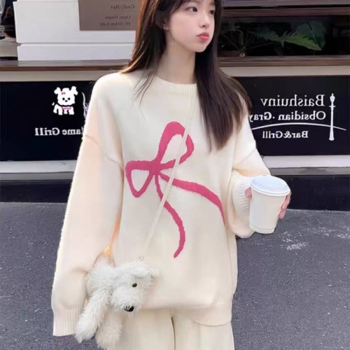 Soft waxy bow sweater for women in autumn and winter Korean style pullover round neck versatile loose lazy style knitted sweater top