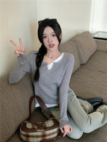 Apricot gentle style ins soft waxy fake two-piece knitted sweater base niche chic inner top