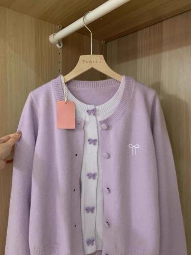 Purple bow fake two-piece knitted cardigan top for women in autumn and winter, unique and beautiful inner layering long-sleeved sweater