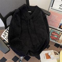 Hong Kong style autumn and winter men's V-neck sweater with scarf knitted sweater jacket