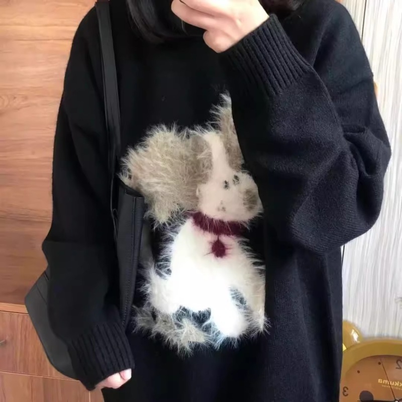 Plush puppy jacquard trendy brand casual loose fashionable black sweater autumn and winter women's new loose lazy style top