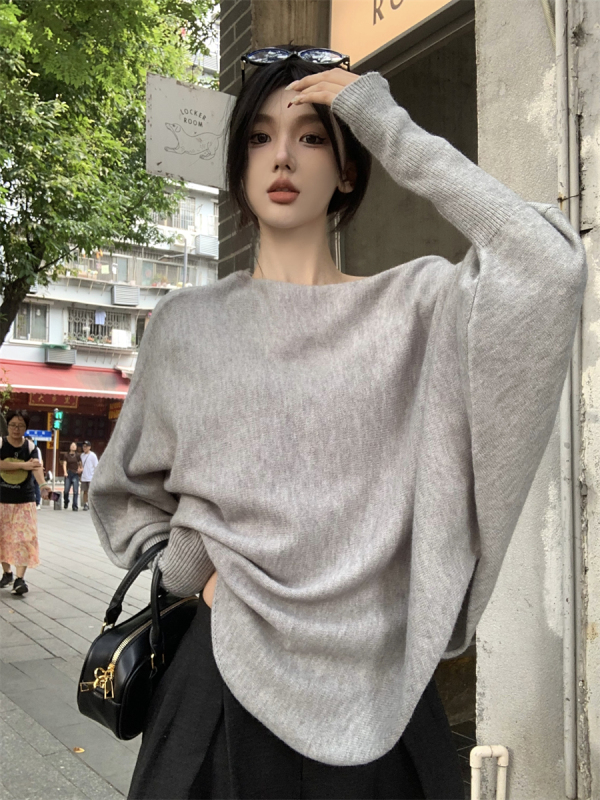 Black lazy style slanted shoulder bat sleeve sweater sweater autumn and winter loose slimming top