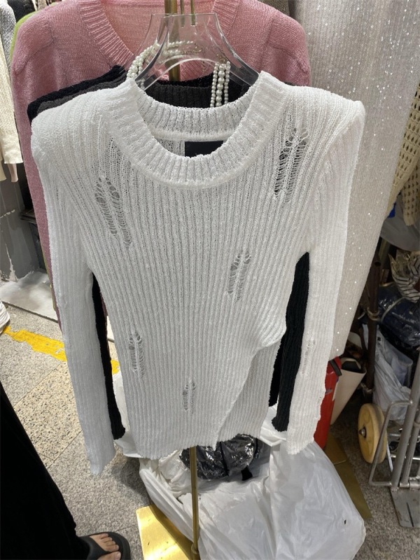 Hong Kong Style Korean Style Round Neck Long Sleeve Slit Hollow Hollow Knitted Fabric Solid Color Pullover Top