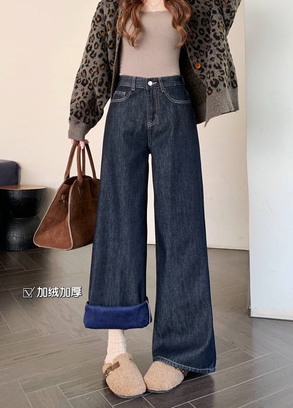 Small velvet dark blue retro wide-leg jeans for women autumn and winter high-waisted loose drape straight pants