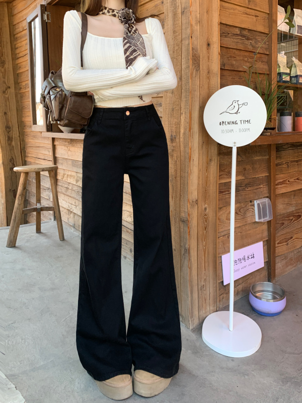Jeans women's winter high-waisted stretch wide-leg pants black bell-bottomed floor-length trousers