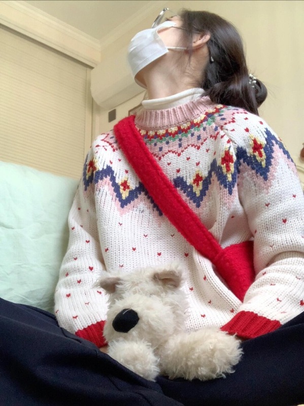 Retro Fair Isle long-sleeved pullover sweater for women in autumn and winter new age-reducing design loose and versatile knitted top