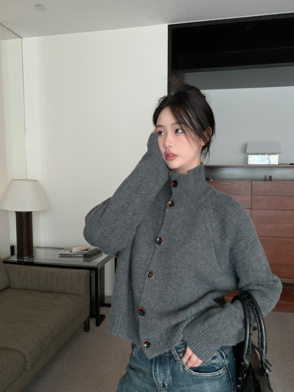 Knitted sweater single-breasted stand-collar thickened warm lazy jacket