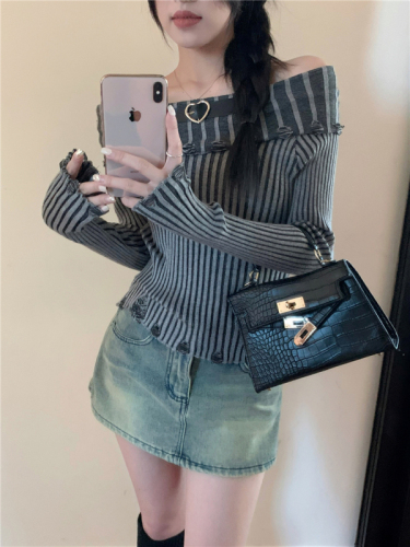 Pure Desire Hot Girl One Shoulder Vertical Striped Hole Top Women's Long Sleeve Knitted Bottoming Shirt Off-Shoulder Sweater