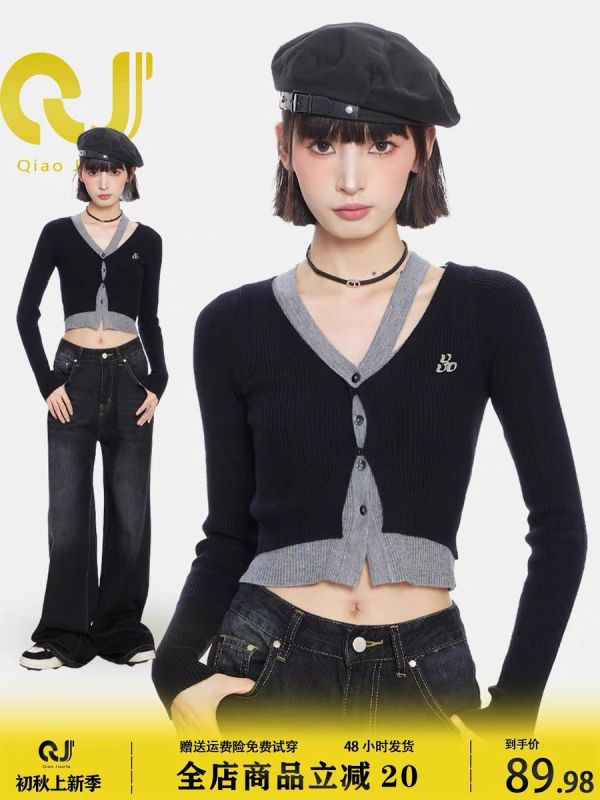 Fake two-piece irregular design long-sleeved knitted cardigan hot girl slim V-neck top