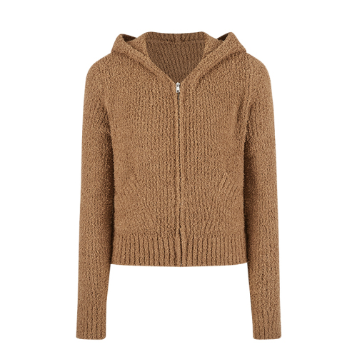 Lazy sweater Teddy velvet hooded double zipper knitted cardigan jacket