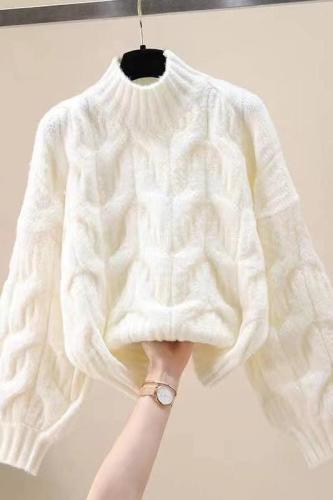 Lantern sleeve round neck twist sweater for women, lazy style autumn and winter new Korean style loose thickened twisted pullover sweater
