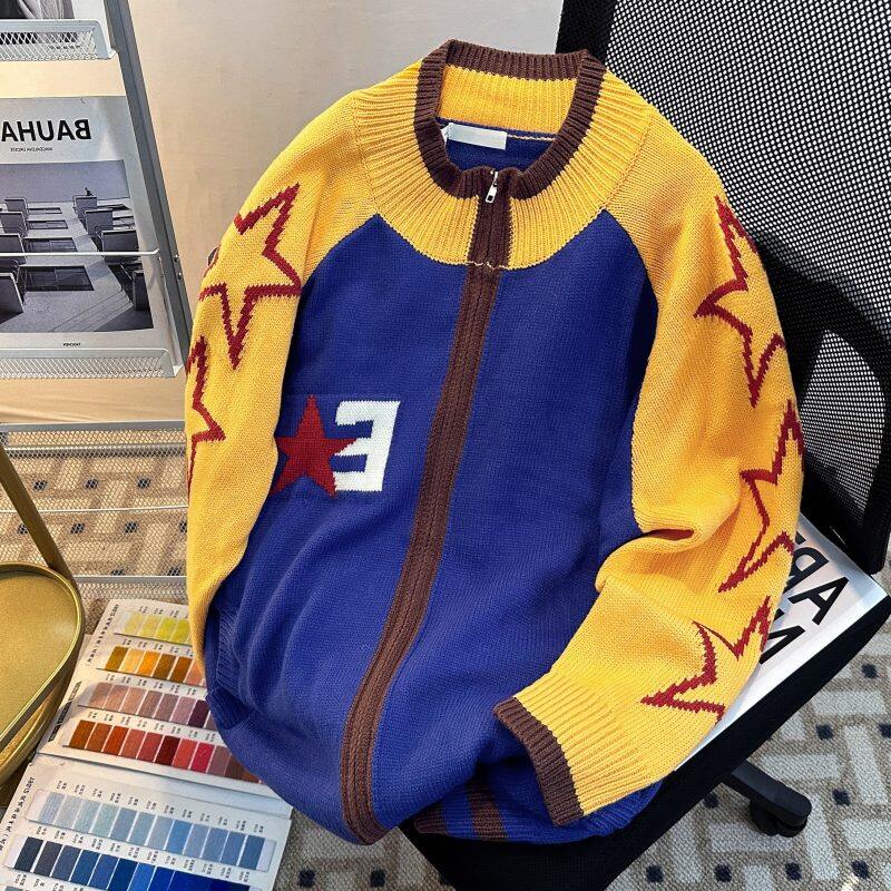 American contrasting color design sweater for men, lazy style casual sweater