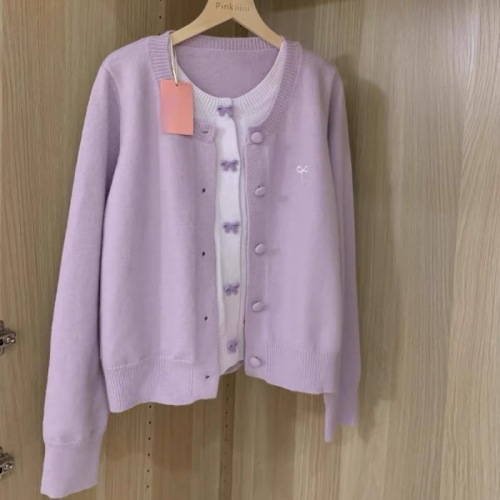 Purple bow fake two-piece knitted cardigan top for women in autumn and winter, unique and beautiful inner layering long-sleeved sweater