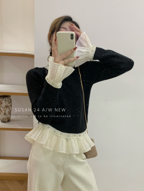 Solid color pullover heavy beaded trumpet sleeves lace mesh splicing gold silk sweater autumn and winter sweater