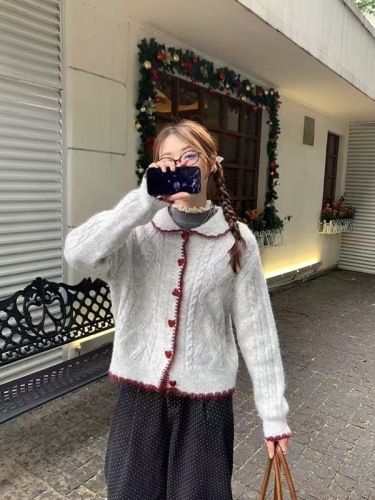 Gentle style love button warm sweater jacket women's autumn and winter thickened twist knitted sweater cardigan