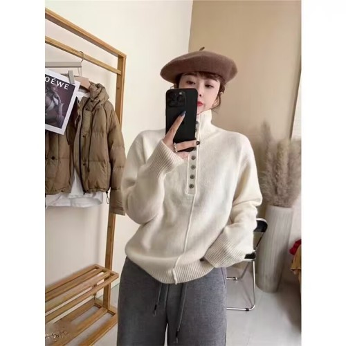 Korean simple and gentle style half-open button sweater for women in autumn and winter new solid color inner wear long-sleeved sweater