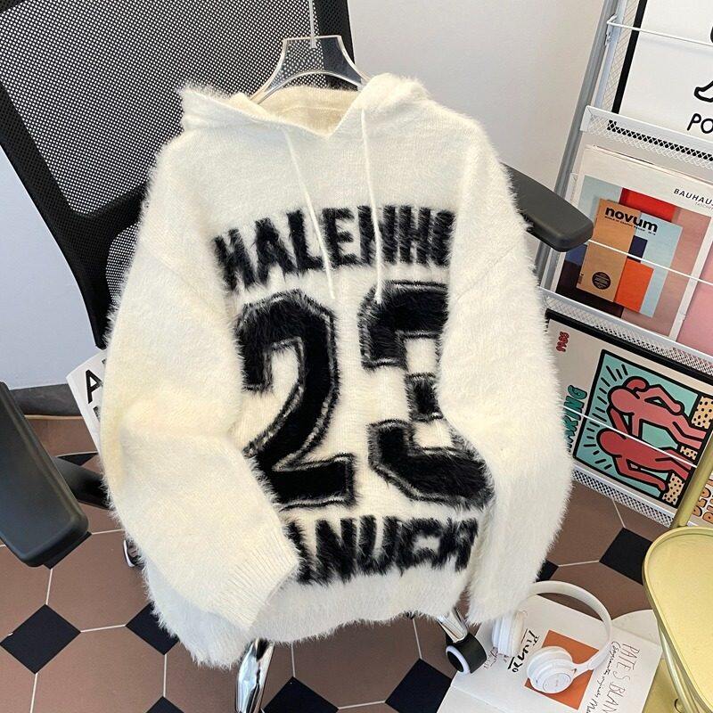 Autumn American retro letter jacquard design hooded sweater