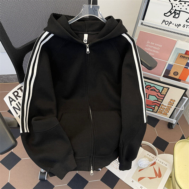 American three-stripe hooded jacket men's autumn and winter loose cardigan zipper sweatshirt casual jacket