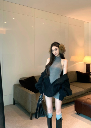 Fashionable retro style lazy knitted sweater vest dress suit