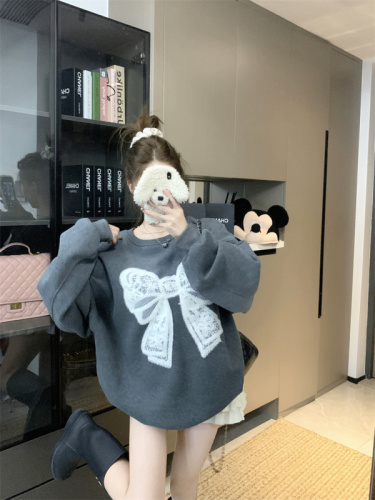 Gray round neck bow pattern sweatshirt for women new winter loose top trendy