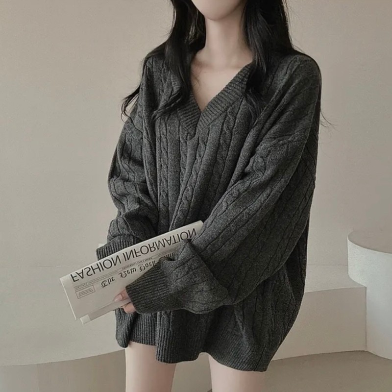 Large size autumn and winter lazy style retro twist v-neck mid-length thick knitted top versatile loose sweater