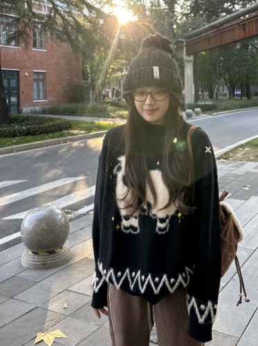 Black lamb round neck pullover sweater for women in autumn and winter loose thickened outer wear lazy style knitted top