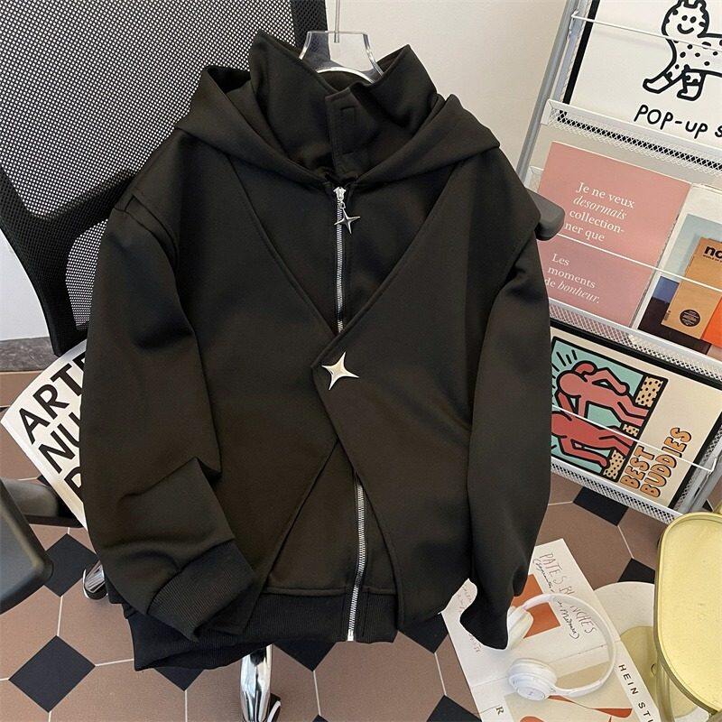 Cardigan sweatshirt men's autumn and winter high collar fake two piece heavy high street hooded jacket