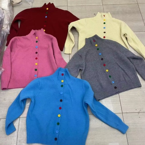 Lazy style high collar rainbow button long sleeve knitted sweater for women new winter design loose thickened warm top