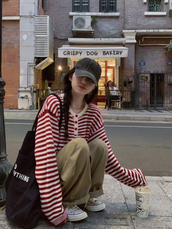 Popular design red striped button sweater