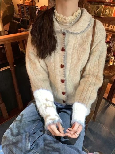 Gentle style love button warm sweater jacket women's autumn and winter thickened twist knitted sweater cardigan