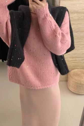 Heavy industry, high-end and super good-looking lake blue sequined beaded knitted sweater jacket for women 2024 new autumn and winter