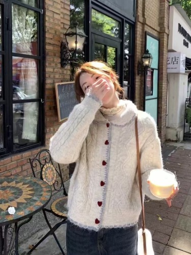 Gentle style love button warm sweater jacket women's autumn and winter thickened twist knitted sweater cardigan