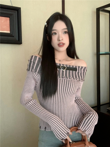 Pure Desire Hot Girl One Shoulder Vertical Striped Hole Top Women's Long Sleeve Knitted Bottoming Shirt Off-Shoulder Sweater